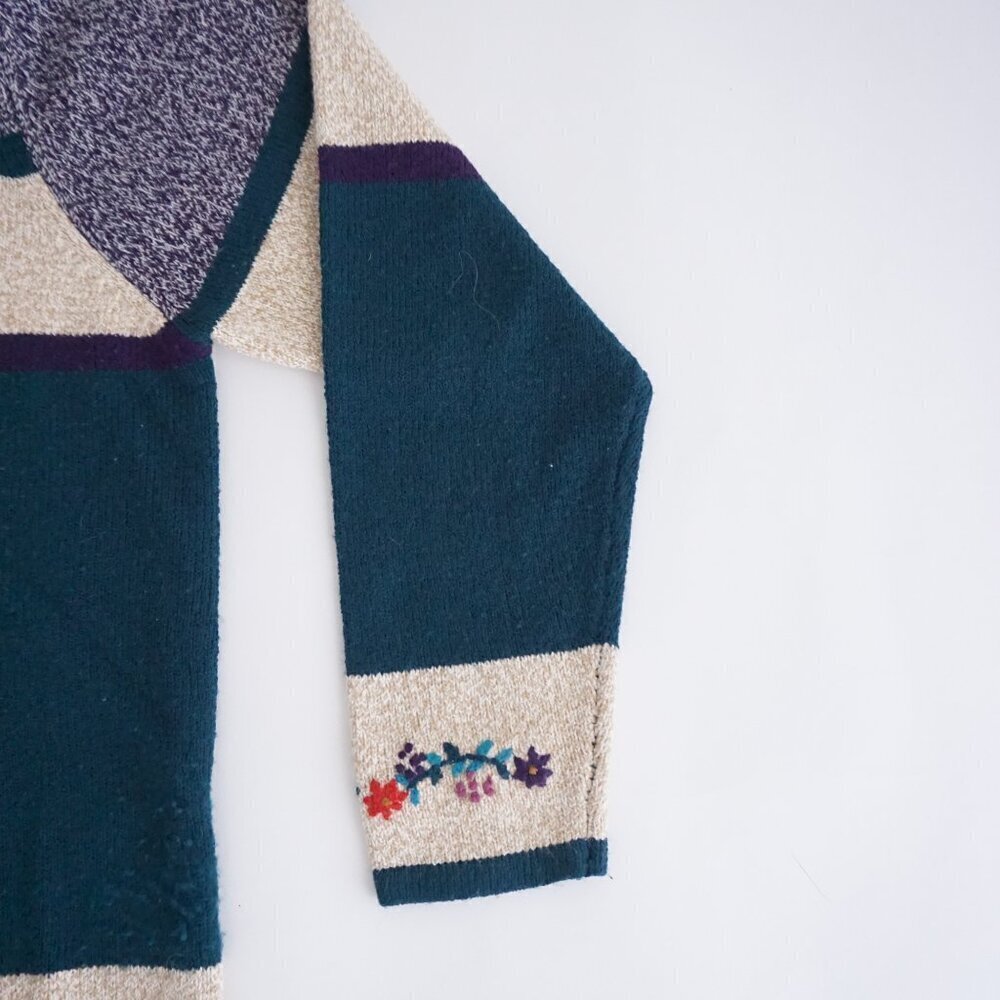 TanJay Teal Purple Patchwork Knit Cardigan Vintage Zip Sweater Grandmacore M - Picture 4 of 9